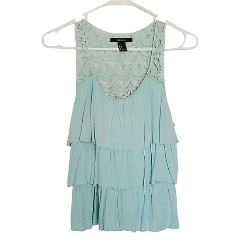 1163 * Forever 21 Ruffle Tiered Tank with Crochet Back Mint Green Size S